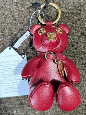 NEW Coach Bear Bag Charm CP369 Ruby Red Pebble Leather NWT